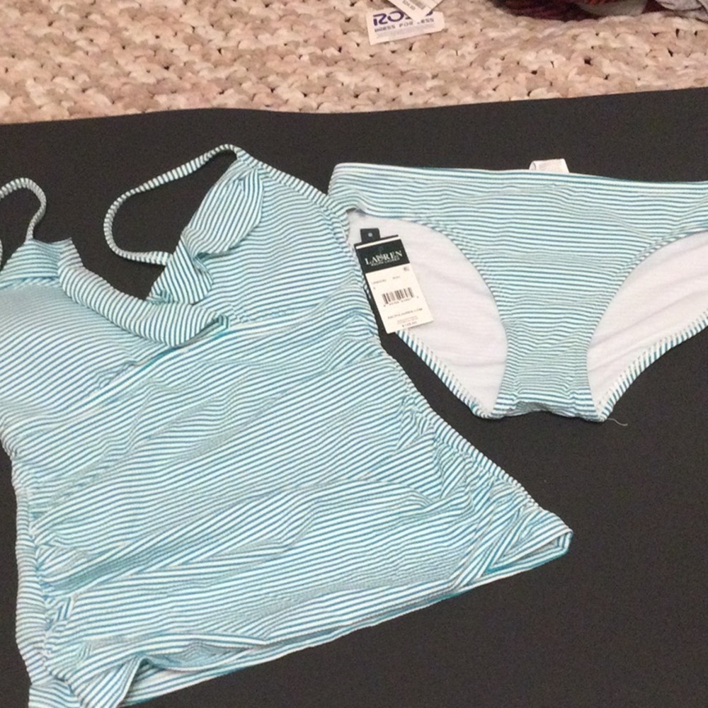 Ralph Lauren Women’s Green and white Striped Tankini Swim Set